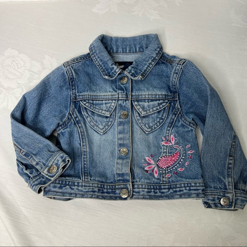 Squeeze Girls denim jean jacket snap button closure floral embroidered Size 3T